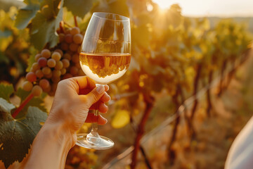 A hand holding a glass of white wine against a backdrop of sunlit grapevines in a vineyard.