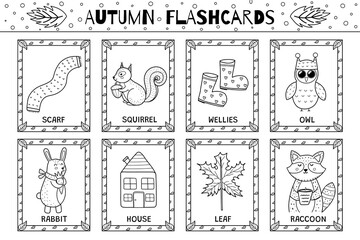Autumn flashcards black and white collection for kids. Flash cards set with cute characters in outline for coloring. Learning to read activity for children. Vector illustration