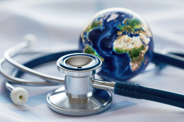 World Health Day. Global Health Awareness concept. Globe inside stethoscope. Green Earth day concept.