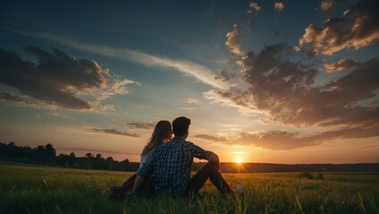 A young man sits with his girlfriend on the grass, looking at the sunset in the sky