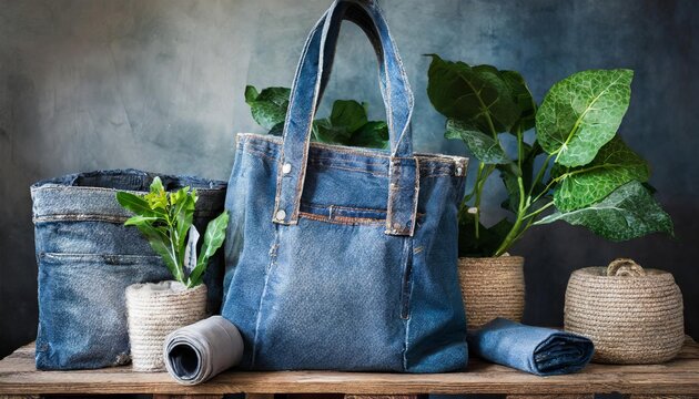 Generated image of upcycling denim jeans into trendy and eco-friendly tote bags