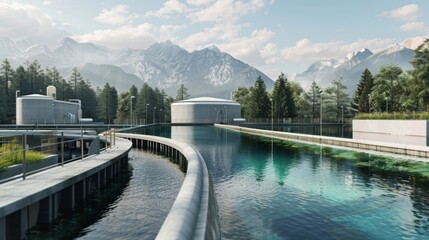 Modern water recycling facility with clear water pool surrounded by majestic mountains and lush forest under a blue sky.