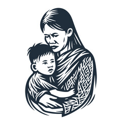 Asian Mother with Child. Vintage woodcut engraving style vector illustration.