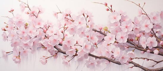 A painting showing vibrant pink Cherry Somei Yoshino flowers in full bloom against a clean white wall. The delicate petals of the flowers stand out beautifully against the pure white background.