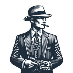 Portrait of a man with a gun and hat. Vintage woodcut engraving style vector illustration.