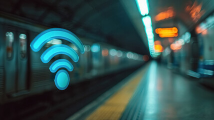 Wi-Fi symbol on blurred background inside the subway, wireless free internet underground