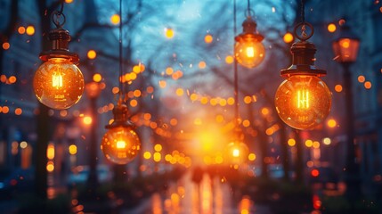 A string of vintage-style incandescent light bulbs, which hang above a city street, glowing warmly and casting a soft light that illuminates the wet pavement below