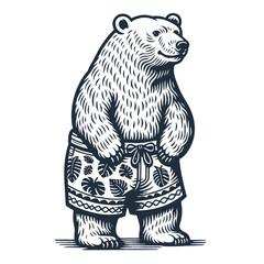 Polar Bear floral swimwear. Vintage woodcut engraving style vector illustration.