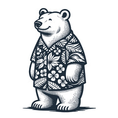 Polar Bear wearing Hawaiian shirt. Vintage woodcut engraving style vector illustration. - obrazy, fototapety, plakaty