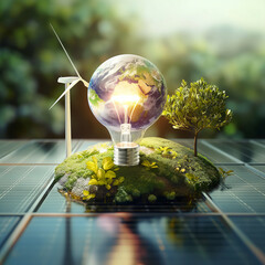 Odnawialne, zielone, ekologiczne źródła energii. Turbiny wiatrowe i panele fotowoltaiczne  - obrazy, fototapety, plakaty