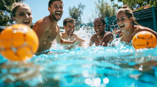 A group of friends splashing water in a swimming pool on a sunny day, with a clear blue sky and a water ball in view.