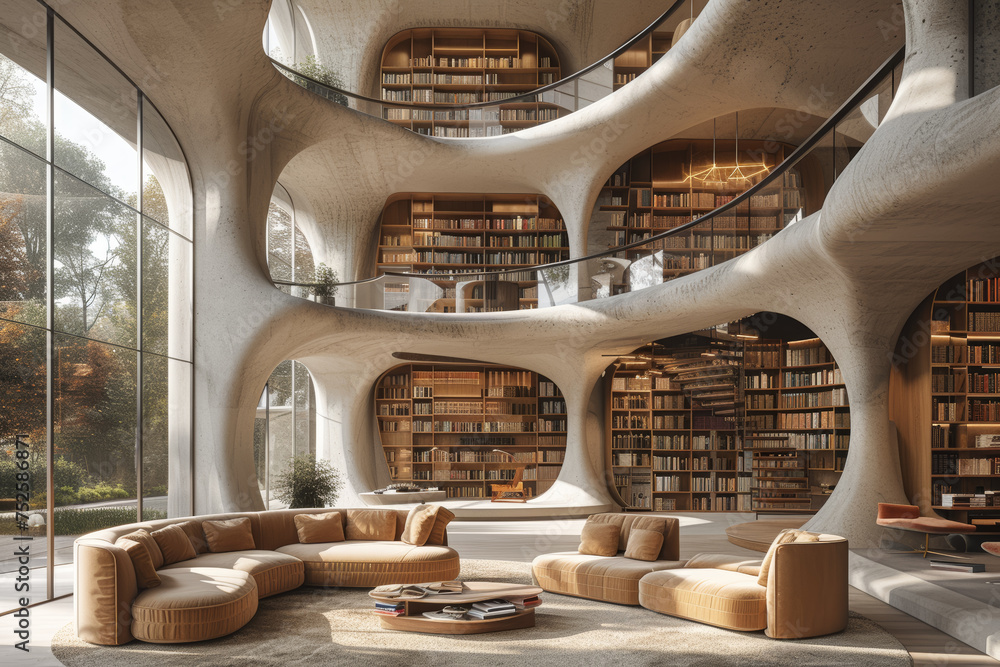 Poster designing modern libraries and learning centers with architecture that fosters welcoming environment