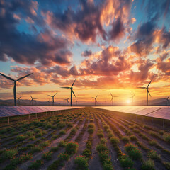 Odnawialne, zielone, ekologiczne źródła energii. Turbiny wiatrowe i panele fotowoltaiczne  - obrazy, fototapety, plakaty