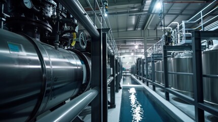 Interior view of high-tech water purification plant with large silver pipes and tanks during operation, showcasing industrial filtration technology.