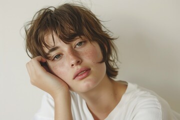 A close-up of a person exuding elegance and grace in a pristine white shirt, showcasing a sense of purity and sophistication