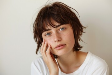 A young woman in a white shirt gazes thoughtfully with her hand on her face