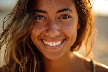 A woman, with a radiant smile, poses for the camera in a close-up portrait