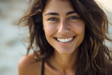 A woman exudes joy with a big smile on her face, radiating happiness and positivity
