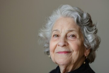 An elegant elderly woman with silver hair wearing a black shirt, exuding grace and poise