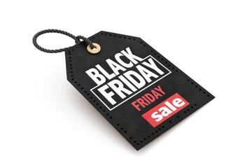 A dynamic illustration of a black Friday sale tag, creatively designed on a pure white background
