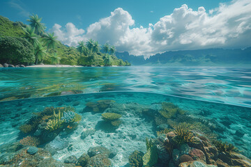 Fototapeta na wymiar A tropical island offering breathtaking panoramas overlooking a vibrant coral reef. Generative Ai.
