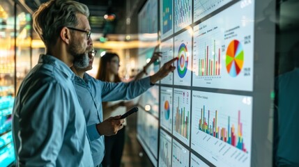 A professional HR team collaborates on strategic planning using a digital dashboard to analyze data and statistics in a corporate setting.