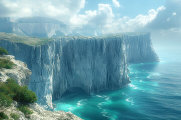 Steep cliffs dramatically descending into the vast expanse of the sea. Generative Ai.