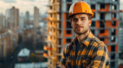 Portrait of a young construction worker man with safety helmet letting see city buildings under construction on white background with copy space