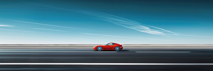 A vibrant red car racing down a jet-black road, contrasted by stark white lines under a clear azure sky
