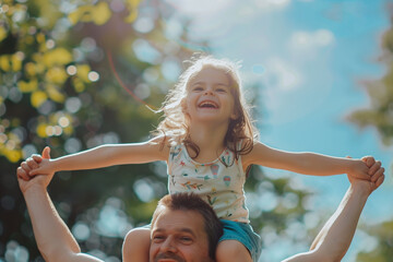 A little daughter sits on his father's shoulders, running at sunset, happy family, little kid with dad in light of sun's rays, fun entertainment of childhood dream, girl raised her hands - obrazy, fototapety, plakaty