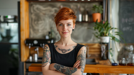 Beautiful girl waitress with red hair and tattoos looking at the camera and smiling in a bar