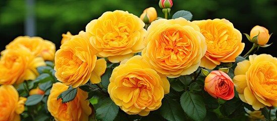 A cluster of vibrant yellow flowers with hints of orange, surrounded by lush green leaves. The flowers, possibly David Austin Roses Molineux, stand out against the backdrop of the green foliage