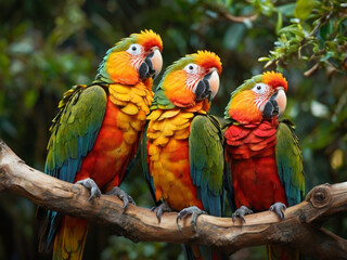 Obraz premium Vibrant and colorful parrots standing together in perfect symmetry on a tree branch