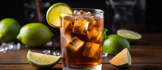A glass of iced sweet tea filled with ice cubes and adorned with slices of fresh lime. Additional lime wedges are arranged around the glass, adding a tangy twist to the refreshing drink.