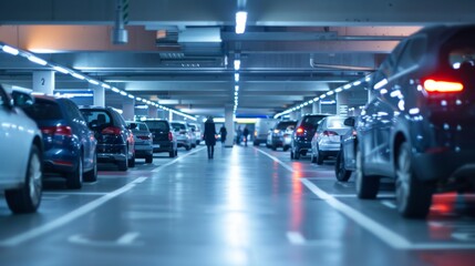 An indoor parking garage located under an office building, illuminated with fluorescent lights and lined with various parked cars.