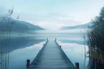 Gartenposter Wooden jetty extending into a calm misty lake with a mountainous backdrop at dawn. Tranquility and serene nature escape concept. Design for themes of reflection, peace, and scenic beauty © Atthasit