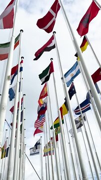 many flagpoles with country flags of different countries - video in vertical format