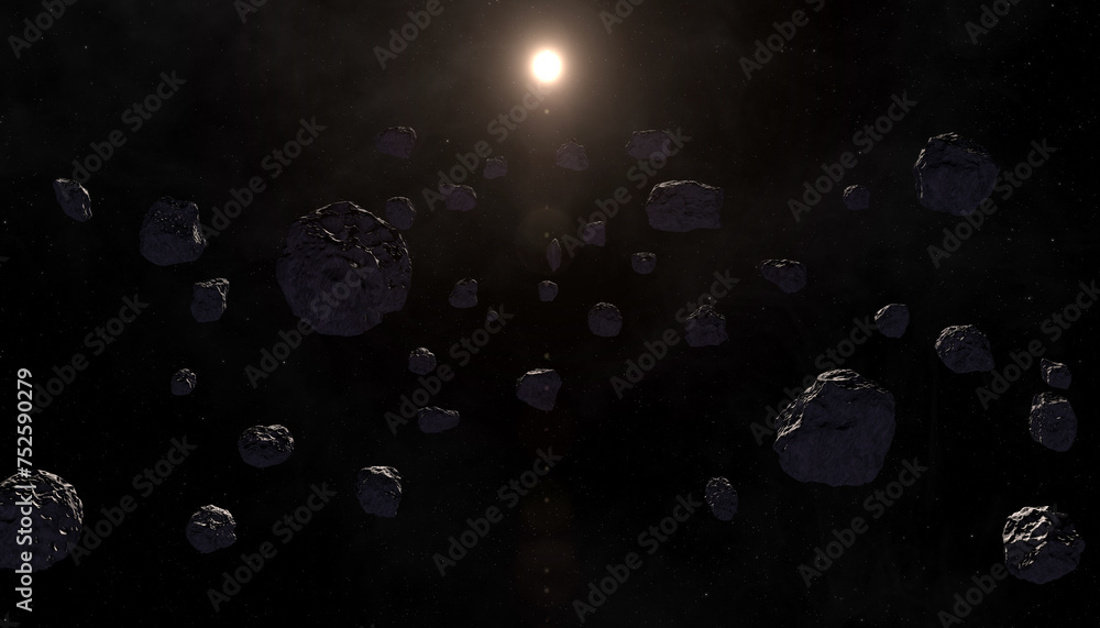 Poster asteroids in space. dark outer space, meteorites or debris of a destroyed planet and sun. elements o