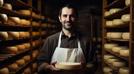 A male cheese maker holds a large circle of cheese in the cellar, a cheese shelf in the background