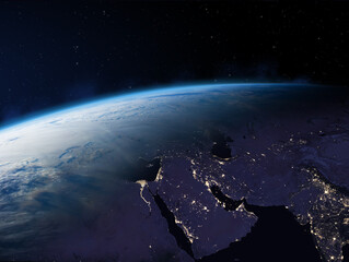 Planet Earth. Near East, Africa and Asia at night. Arabian Peninsula, Egypt, Iraq, Iran, Israel,...