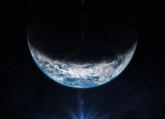 Earth. Planet Earth with sunrise in space. Border of day and night is called the terminator or...