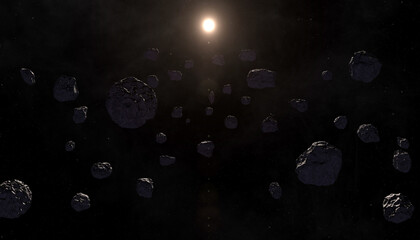 Asteroids in space. Dark outer space, meteorites or debris of a destroyed planet and sun. Elements...