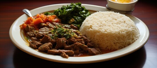 A plate filled with Basmati rice, beef, mixed vegetables, and Mulukhiyah soup, creating a delicious and nutritious meal.