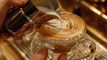 Close-up image of a barista's hands while they skillfully pour milk to create intricate latte art in a clear coffee cup at a cozy cafe.