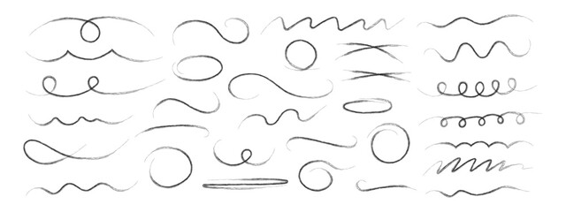 Hand drawn wavy, crossed out lines, circles and ovals. Decorative vector graphic elements. Black brush and pencil strokes. Scribbles with brush strokes.