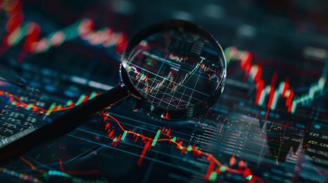 stock market chart pattern with hovering magnifying glass 