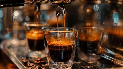 Close-up of a rich, dark espresso shot being extracted from a high-end, modern espresso machine in a cozy cafe setting. - obrazy, fototapety, plakaty