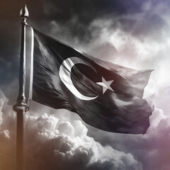 Silk Turkish flag waving among the clouds in gray sky with wooden flagpole gold spare parts - obrazy, fototapety, plakaty