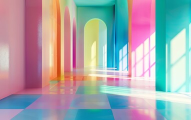 Rainbow-colored geometric corridor with vivid light reflections. Colorful architecture and shadow play in a modern interior design. Play of light in a vibrant geometric space 