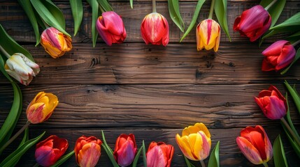 Colorful tulips arranged on rustic wooden backdrop. Vibrant spring tulip flowers displayed on dark wood. Floral arrangement of multi-colored tulips for spring decoration.